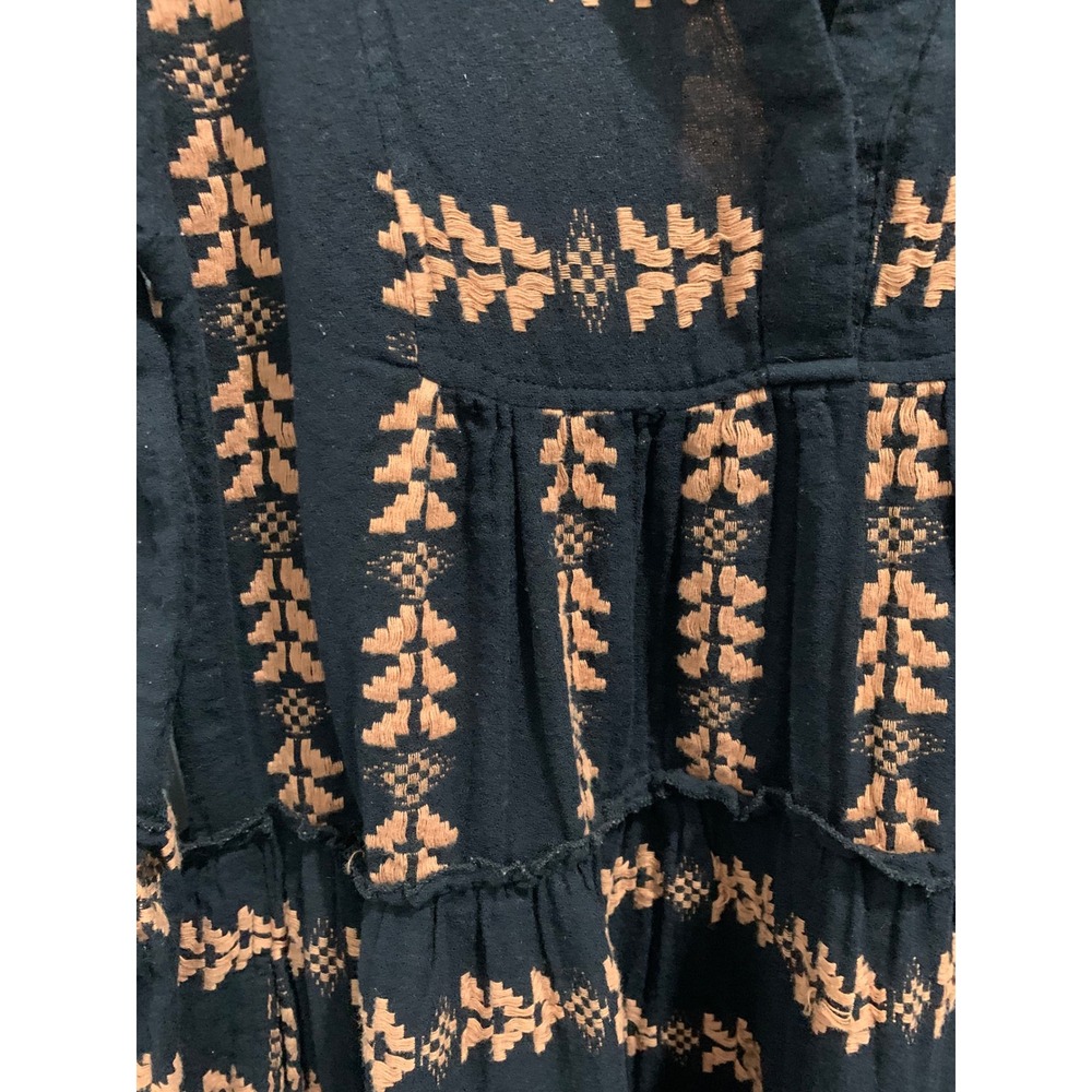 Elan Black  Embroidered Tiered Boho Mini Dress Bell Sleeve Split Neck - Picture 3 of 5